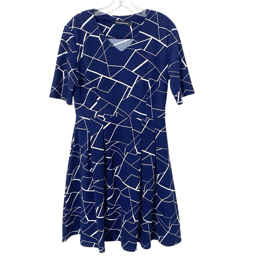 Oxiuly Fashion a-line Dress XL pleats blue white pockets print stretch new